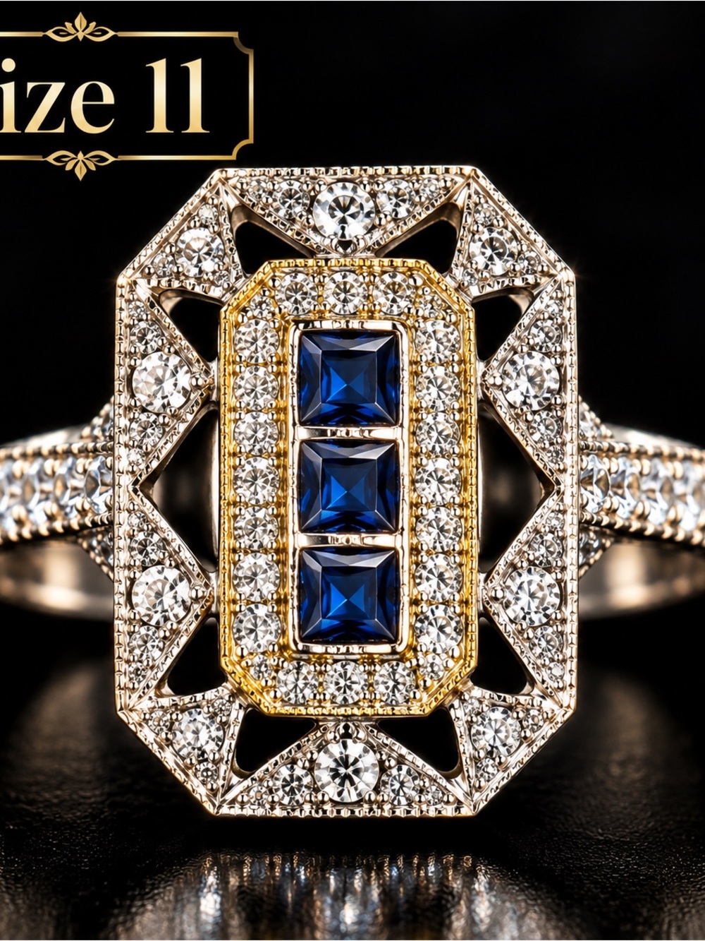 Estate Art Deco Style Blue & Clear Statement Ring Size 11